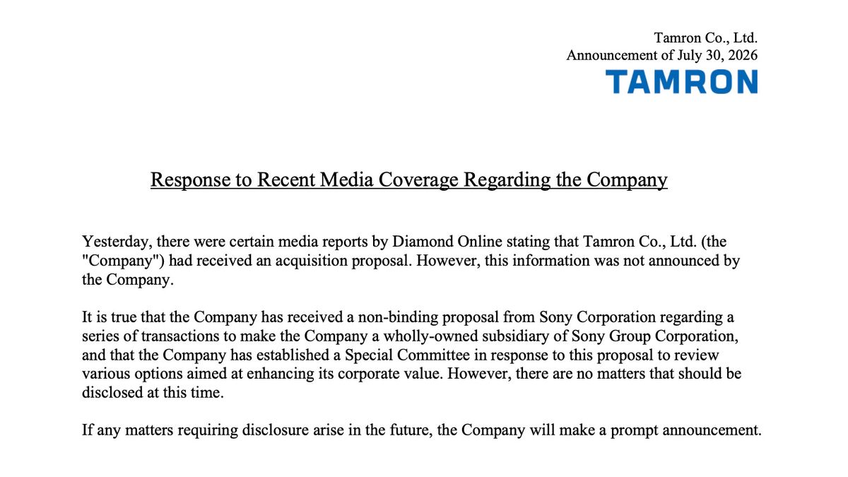Tamron statement regarding Sony proposal