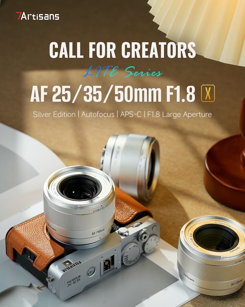 The7Artisans AF25/35/50mm f/1.8LITE lenses for Fujifilm X-mount are now available in silver
