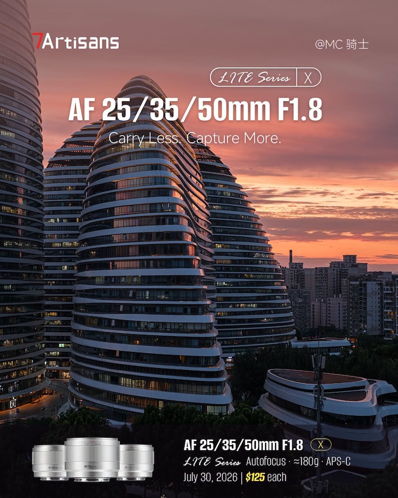 The7Artisans AF25/35/50mm f/1.8LITE lenses for Fujifilm X-mount are now available in silver